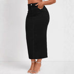 Women High-Waisted Stretch Denim Midi Skirt with Visible Center Seam and Five-Pocket Design Fashion Glam