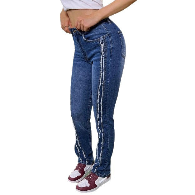 Women's waist-accentuated high-waist jeans with vertical raw-edge stripes and slight flare Fashion Glam