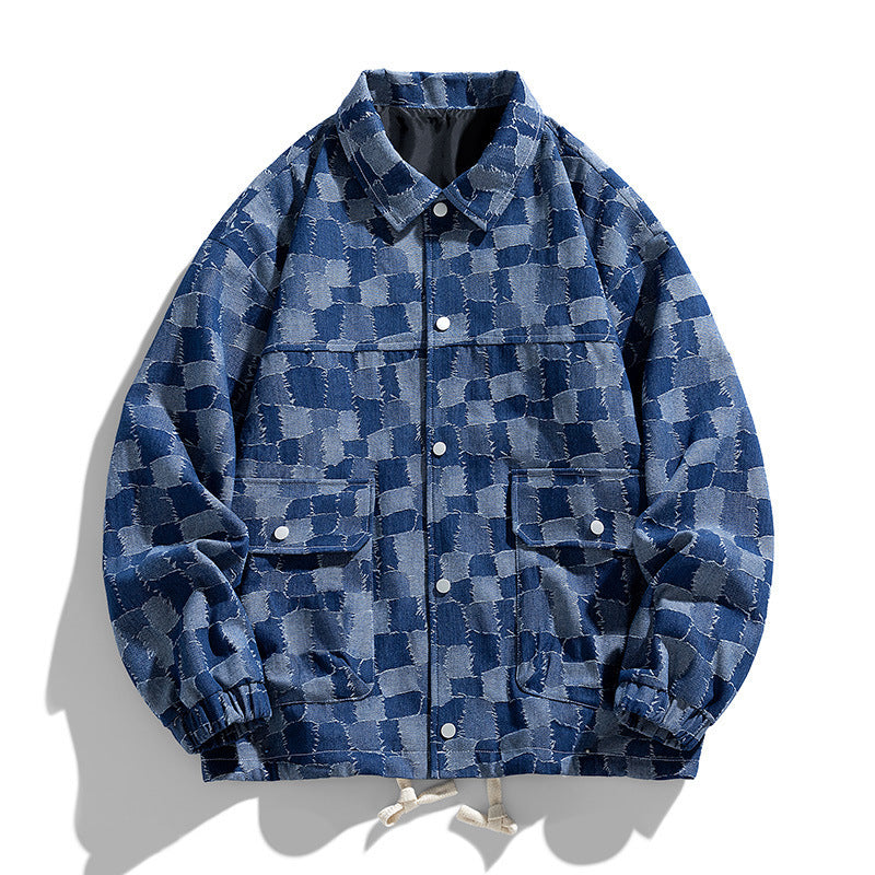 Men's oversized checkered denim jacket with snap buttons, flap pockets, and drawstring Fashion Glam