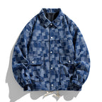 Men's oversized checkered denim jacket with snap buttons, flap pockets, and drawstring Fashion Glam