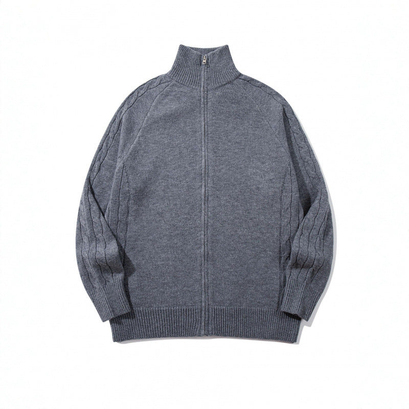 Unisex Boxy Zip Cardigan with Stand-up Collar, Cable Knit Sleeves and Ribbed Hems Fashion Glam