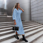 Women's Long Oversized Shirt Dress with Continuous Button Placket, Cuffed Sleeves and Deep Side Slit Fashion Glam