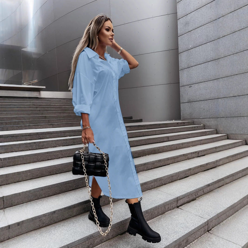 Women's Long Oversized Shirt Dress with Continuous Button Placket, Cuffed Sleeves and Deep Side Slit Fashion Glam
