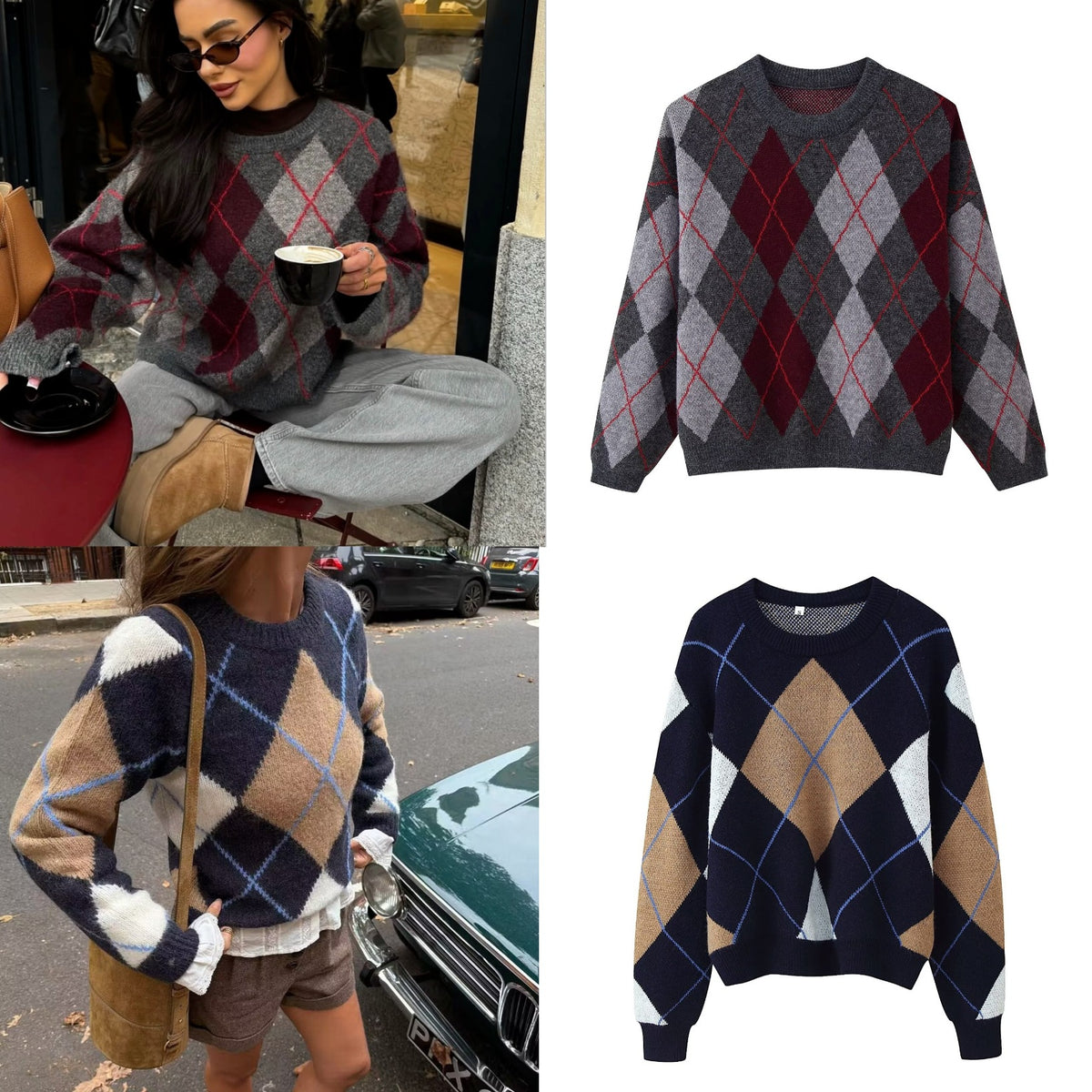 Women's Diamond Argyle Knit Sweater with Round Neck and Slightly Oversized Cut Fashion Glam