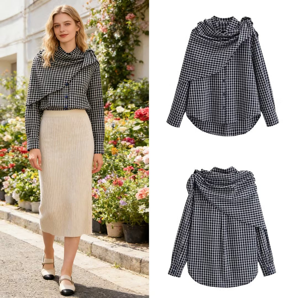 Women Asymmetrical Check Blouse with Integrated Scarf and Button Placket Fashion Glam