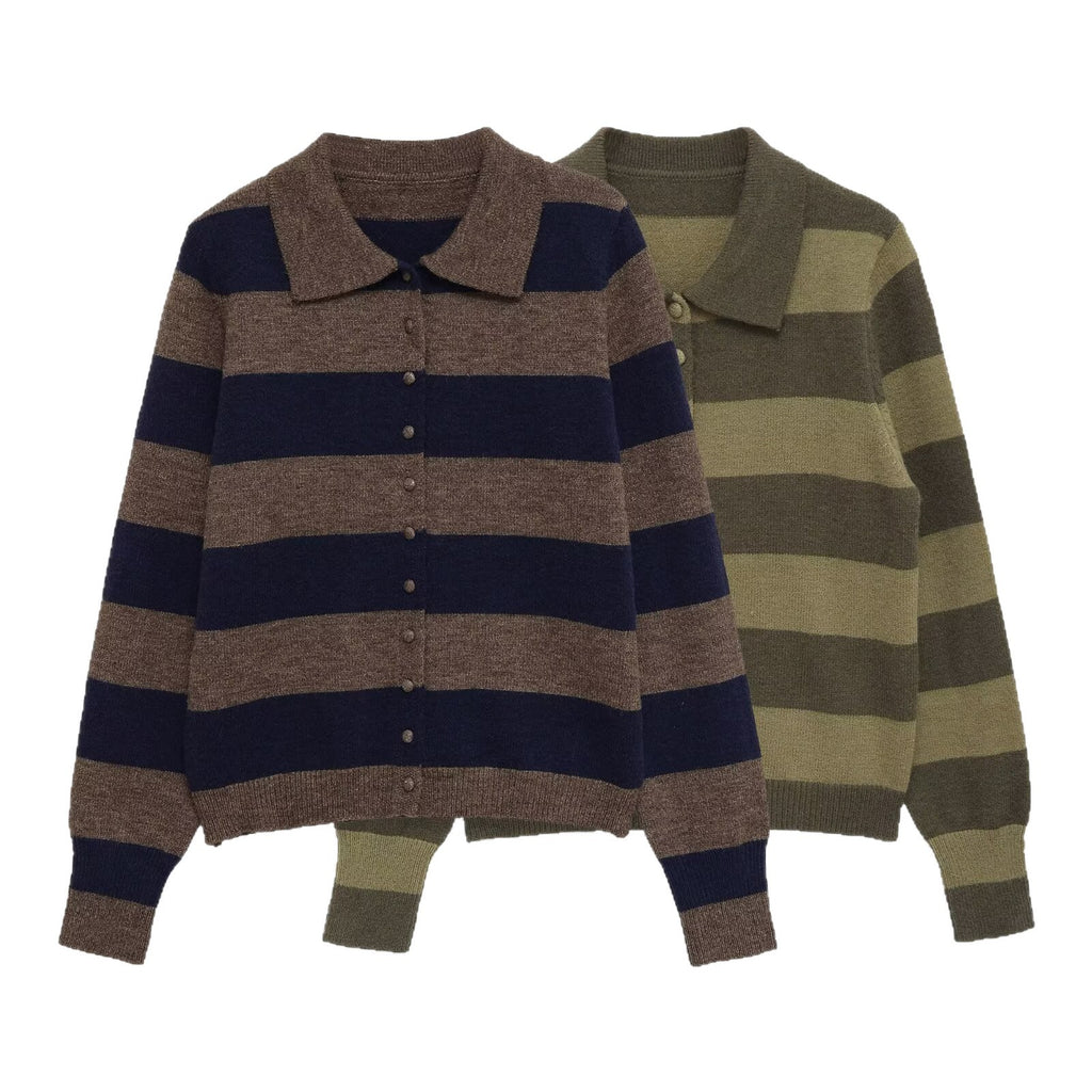 Women's Striped Cardigan with Polo Collar and Button Placket Fashion Glam