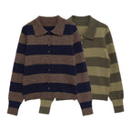 Women's Striped Cardigan with Polo Collar and Button Placket Fashion Glam
