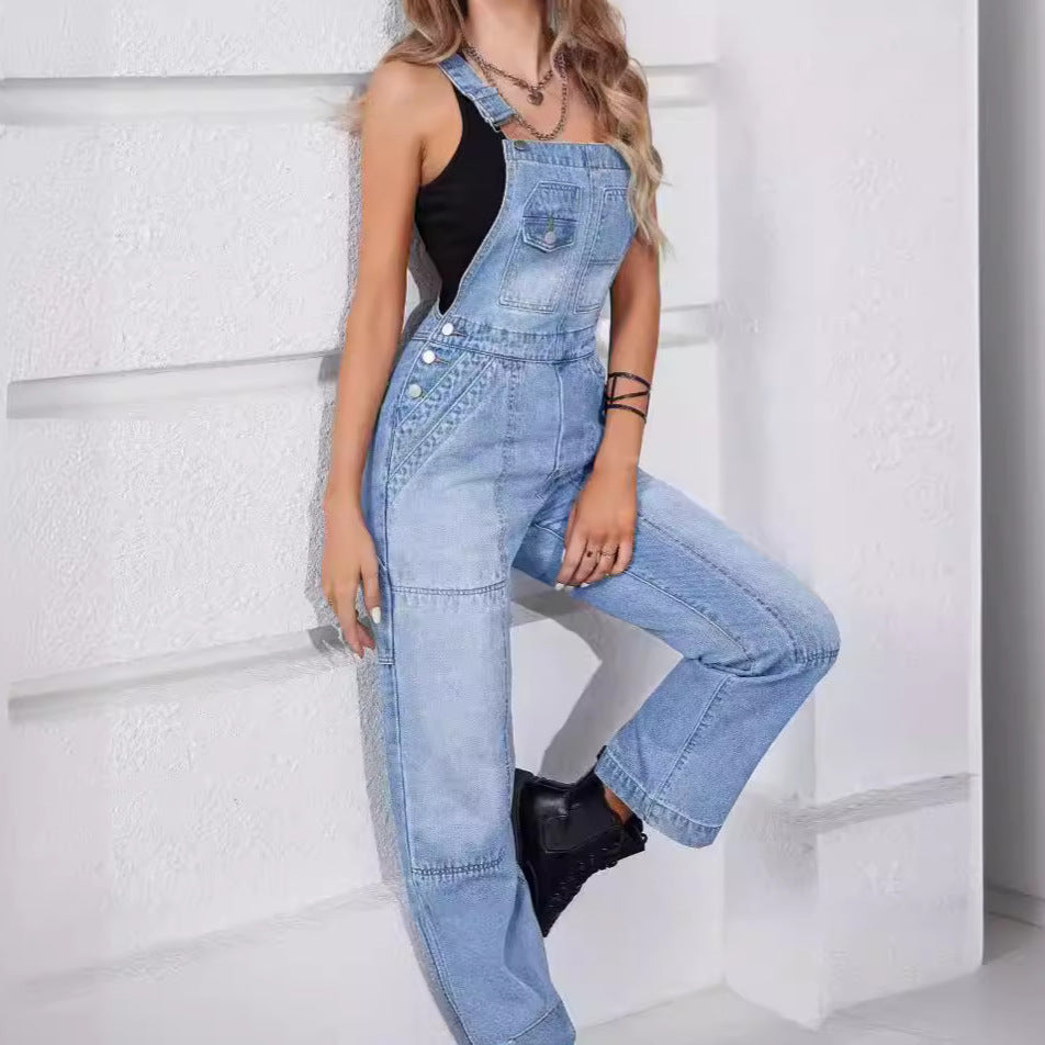 Women's denim overalls with wide leg, utility details, and high waist cut Fashion Glam