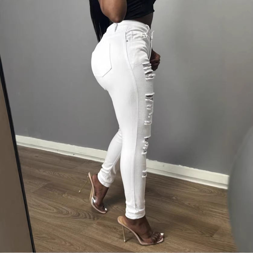 Women's High-Waisted Skinny Jeans with Asymmetrical Destruction Look and Shaping Waistband Fashion Glam