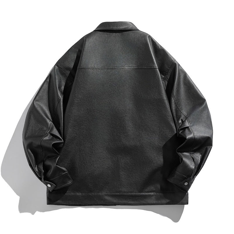 Unisex Boxy Faux Leather Blouson Jacket with Shirt Collar, Diagonal Chest Zip and Snap Hem Fashion Glam