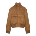 Women's Short Suede Look Bomber Jacket with Stand Collar, Flap Pockets and Ribbed Cuffs Fashion Glam