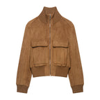 Women's Short Suede Look Bomber Jacket with Stand Collar, Flap Pockets and Ribbed Cuffs Fashion Glam