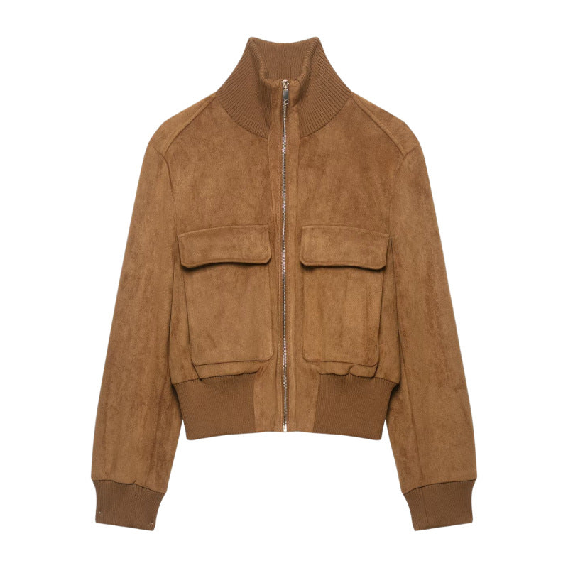 Women's Short Suede Look Bomber Jacket with Stand Collar, Flap Pockets and Ribbed Cuffs Fashion Glam