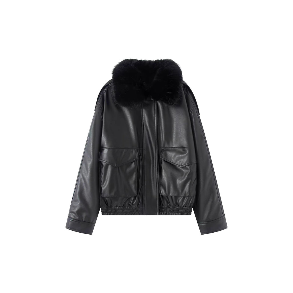 Ladies Oversized Faux Leather Bomber Jacket with Cozy Faux Fur Collar and Applied Flap Pockets Fashion Glam