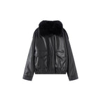Ladies Oversized Faux Leather Bomber Jacket with Cozy Faux Fur Collar and Applied Flap Pockets Fashion Glam