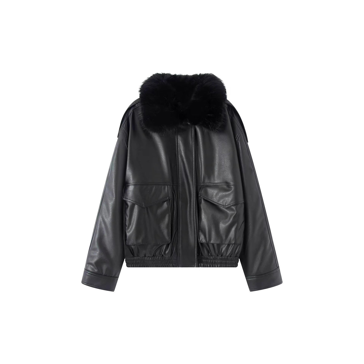 Ladies Oversized Faux Leather Bomber Jacket with Cozy Faux Fur Collar and Applied Flap Pockets Fashion Glam
