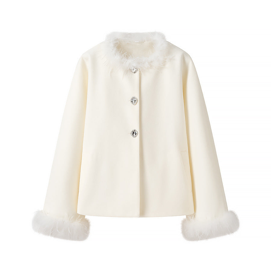 Ladies Short Boxy Coat Jacket with Feather Trimmed Collar and Cuffs Fashion Glam