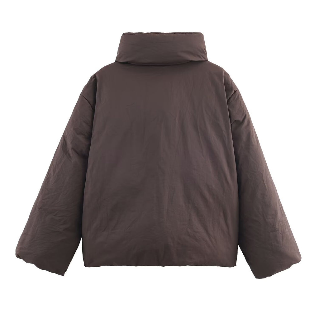 Women's Oversized Quilted Jacket with High Stand Collar and Waist Belt Fashion Glam