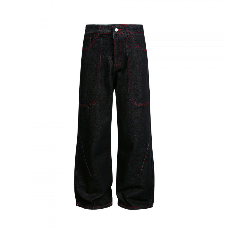 Women Wide High-Waist Denim Pants in Utility Look with Contrast Stitching Fashion Glam