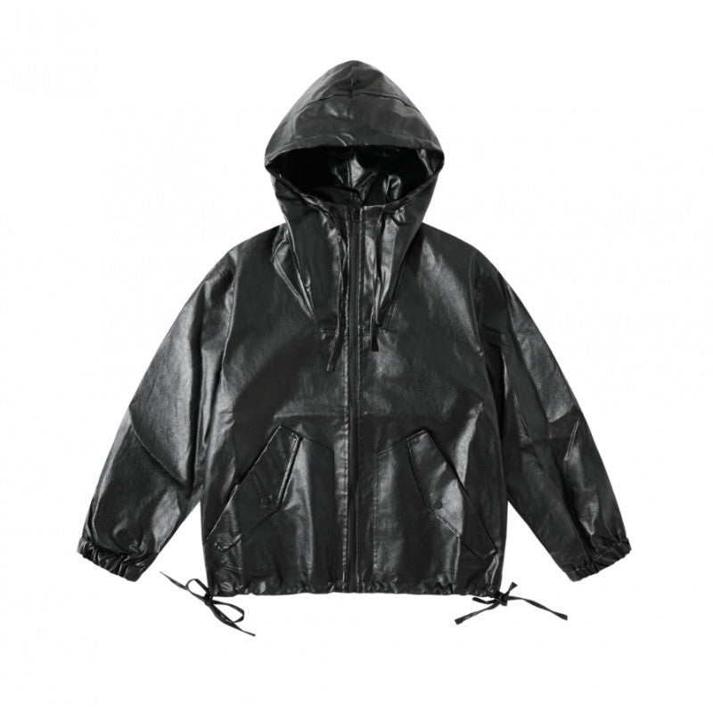 [Unisex Hooded Boxy Jacket in Leather Look with Drawstring and Flap Pockets Fashion Glam]