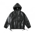 [Unisex Hooded Boxy Jacket in Leather Look with Drawstring and Flap Pockets Fashion Glam]