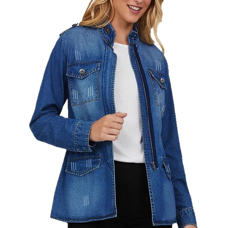Women tailored denim jacket with stand-up collar, four flap pockets and slightly flared hem Fashion Glam