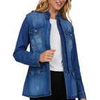 Women tailored denim jacket with stand-up collar, four flap pockets and slightly flared hem Fashion Glam