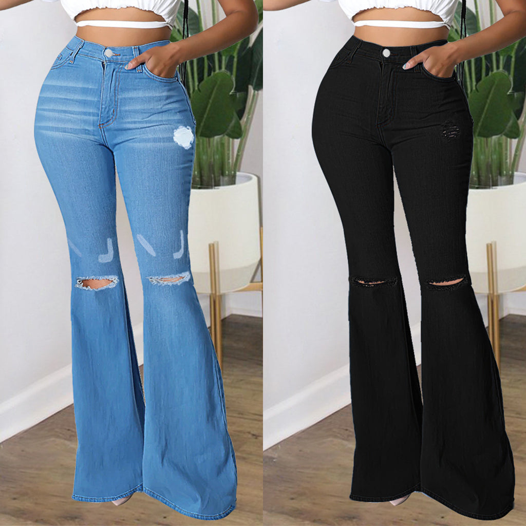 Women's high-waisted flared pants made of stretch denim with knee rips and shaping waistband Fashion Glam