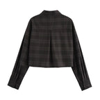 Women's Cropped Boxy Shirt Jacket in Checkered Pattern with Concealed Button Placket Fashion Glam