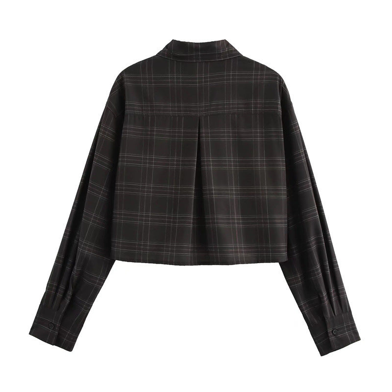 Women's Cropped Boxy Shirt Jacket in Checkered Pattern with Concealed Button Placket Fashion Glam