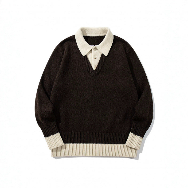 Men's Oversized Fine Knit Polo with Contrast Trim Shirt Collar and Ribbed Cuffs Fashion Glam