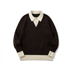 Men's Oversized Fine Knit Polo with Contrast Trim Shirt Collar and Ribbed Cuffs Fashion Glam