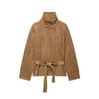 Women's Short Suede Jacket with High Stand Collar and Tie Belt Fashion Glam
