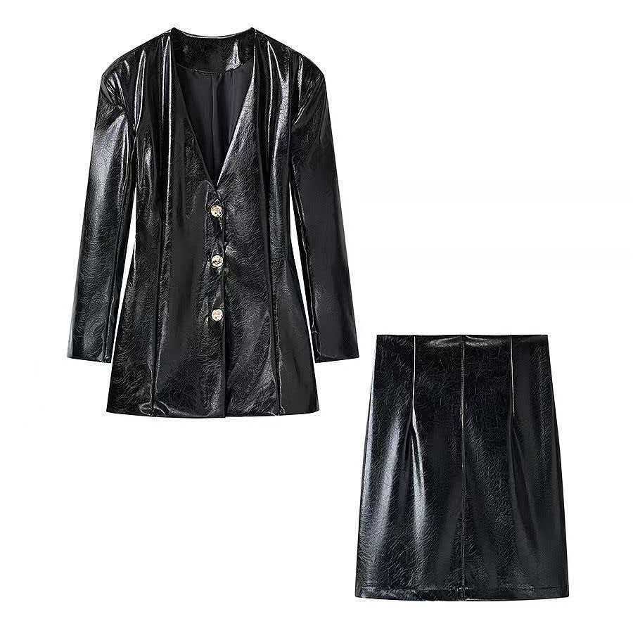 Ladies Long Patent Leather Blazer with Tailored Silhouette, Deep V-Neck and Decorative Buttons Fashion Glam