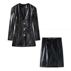 Ladies Long Patent Leather Blazer with Tailored Silhouette, Deep V-Neck and Decorative Buttons Fashion Glam