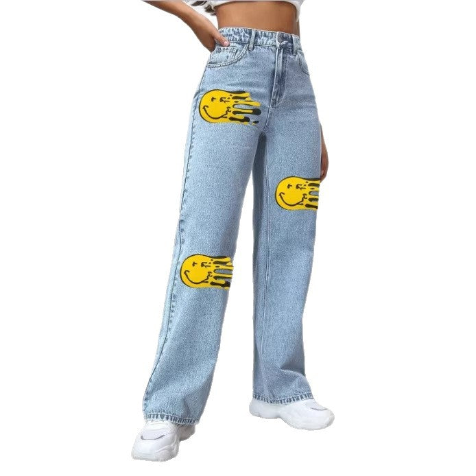 Ladies high-waisted wide denim jeans with striking print spot accents Fashion Glam