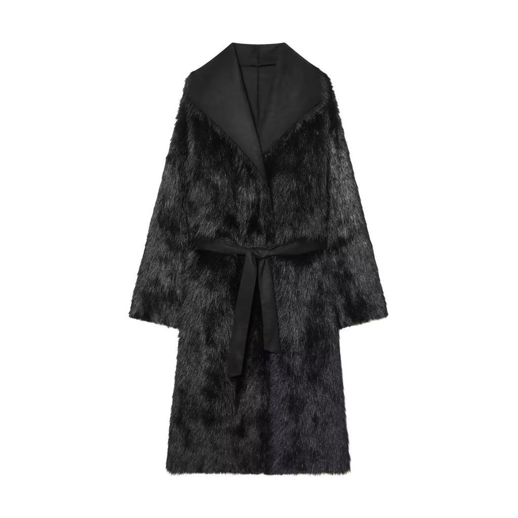 Women longer coat with faux fur trim and tie belt Fashion Glam