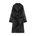 Women longer coat with faux fur trim and tie belt Fashion Glam