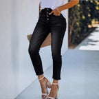 Women's High-Waisted Slim Jeans with Visible Button Placket and Ankle-Length Fit Fashion Glam
