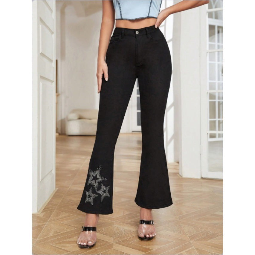 Women's High-Waisted Stretch Bootcut Jeans with Rhinestone Star Applique at Hem Fashion Glam