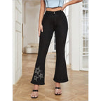 Women's High-Waisted Stretch Bootcut Jeans with Rhinestone Star Applique at Hem Fashion Glam