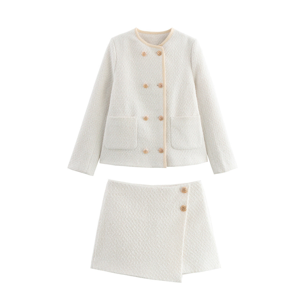 Women's Boucle Blazer with Golden Decorative Buttons and Patch Pockets Fashion Glam