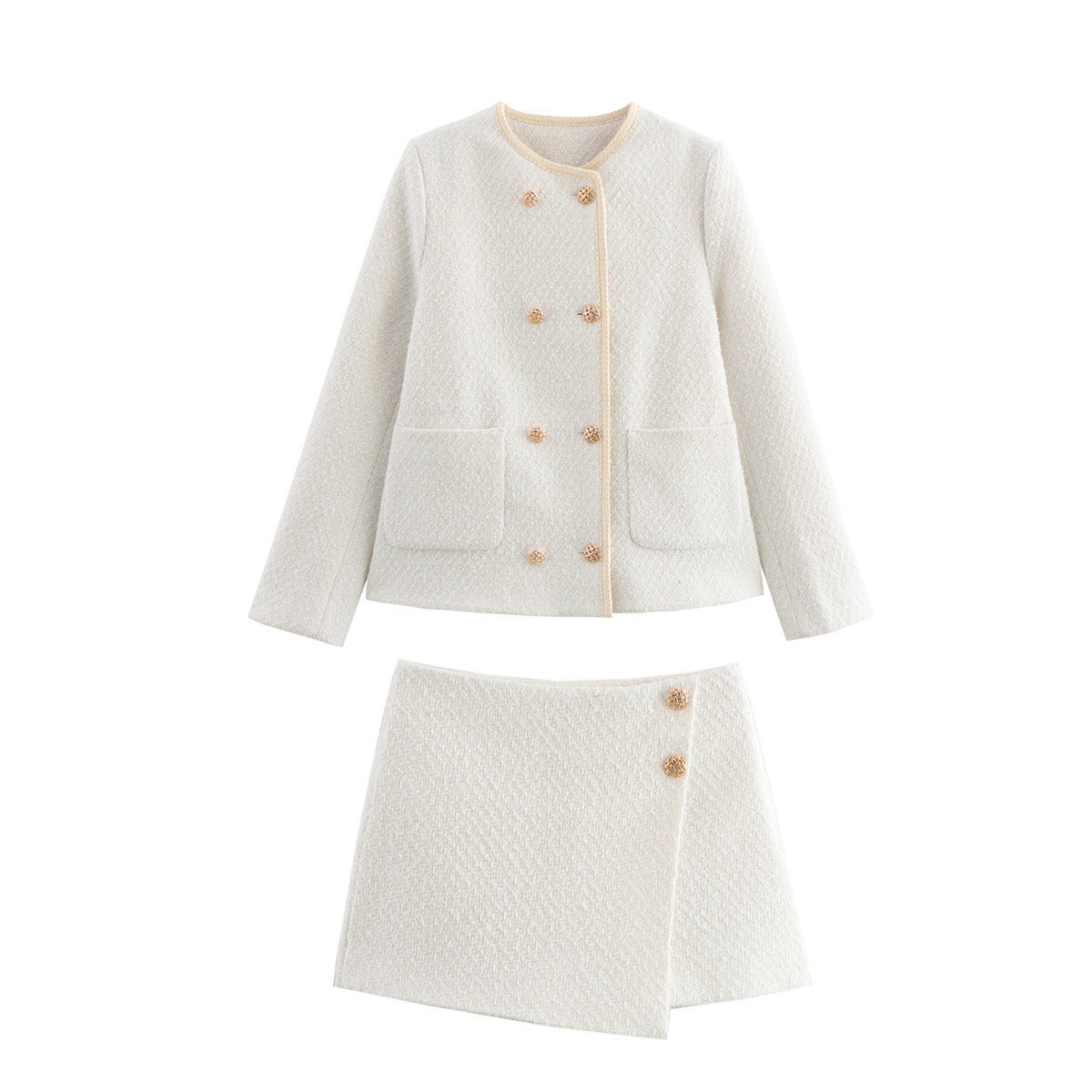 Women's Boucle Blazer with Golden Decorative Buttons and Patch Pockets Fashion Glam