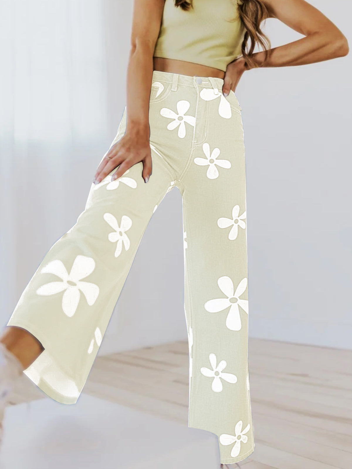 Women's High-Waisted Wide-Leg Jeans with Large Floral Print Fashion Glam