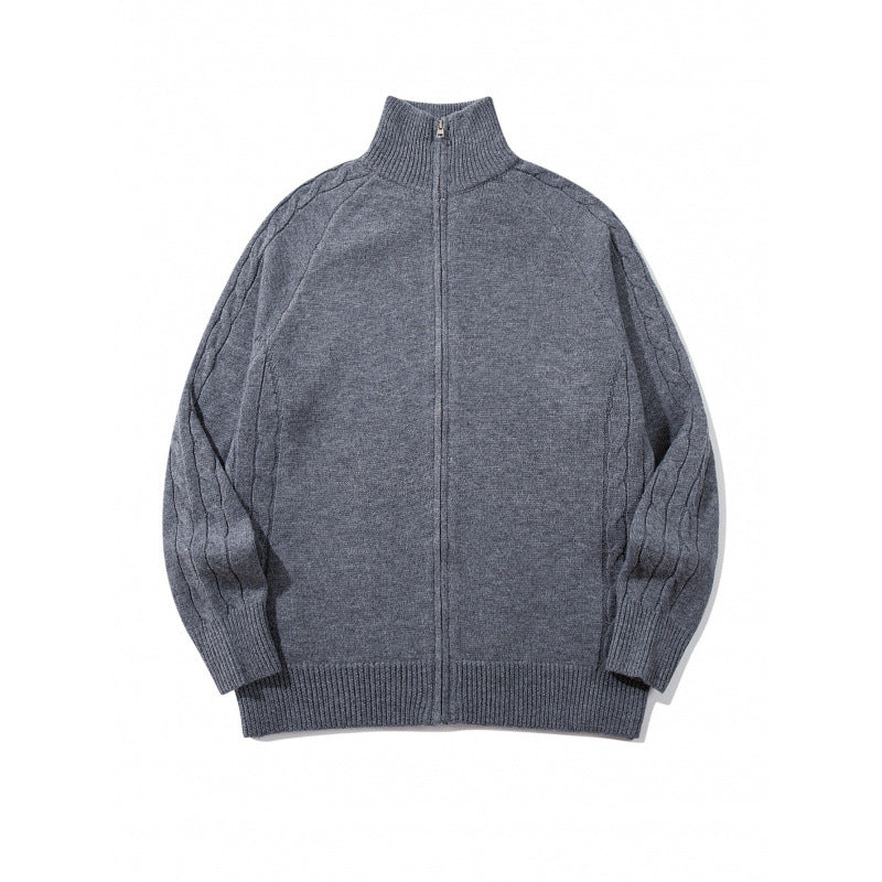 Unisex Boxy Zip Cardigan with Stand-up Collar, Cable Knit Sleeves and Ribbed Hems Fashion Glam