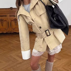 Ladies short trench coat in modern bonded look with high stand-up collar, shoulder tabs and contrast cuffs Fashion Glam