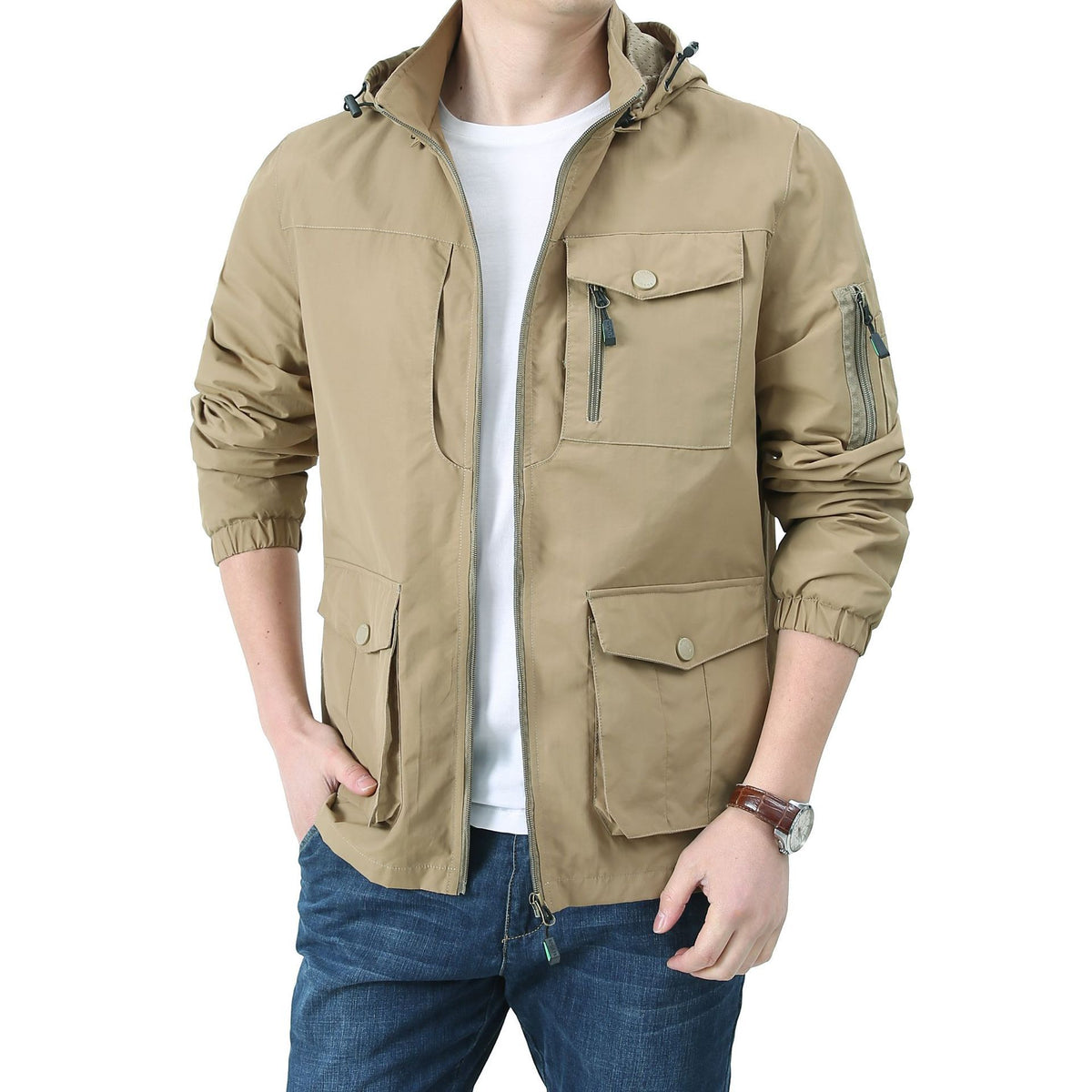 Men's Urban-Utility Field Jacket with Hood, Multiple Pockets and Elastic Cuffs Fashion Glam