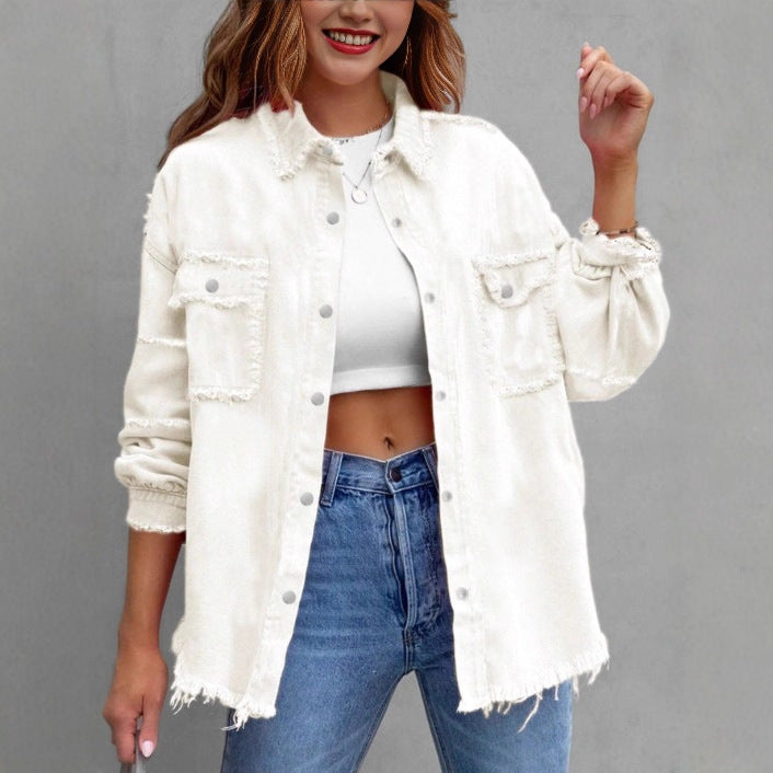 Women's Casual Denim Shirt-Style Jacket with Raw Edge and Snap Button Placket Fashion Glam