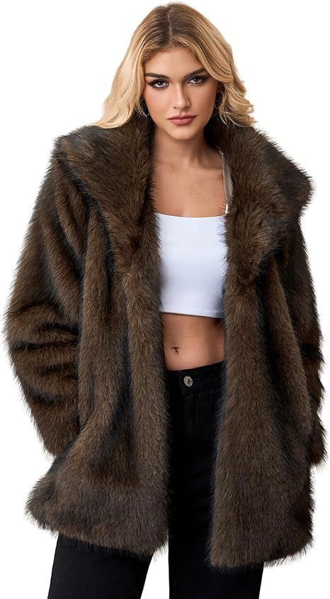 Women Short Faux-Fur Coat with Wide Shawl Collar, Open Front and Pockets Fashion Glam