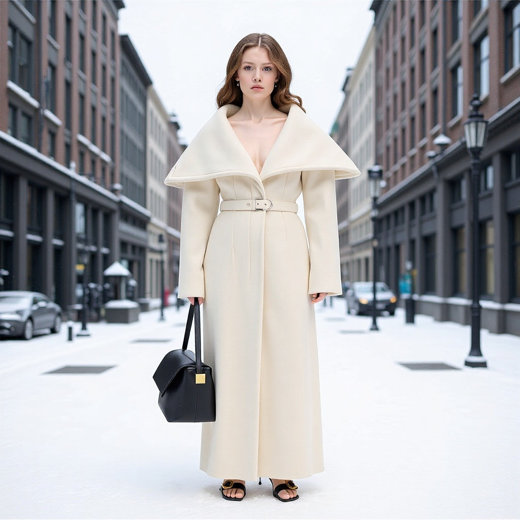 Ladies Maximal long wool blend coat with oversized shawl collar and waist belt Fashion Glam